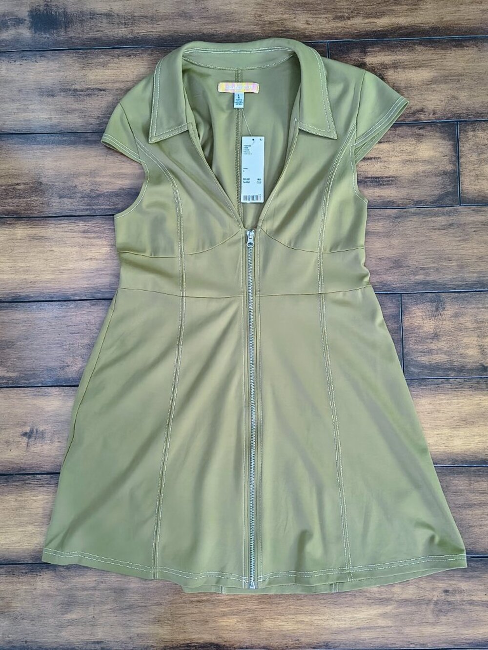 NWT Urban Outfitters Khaki Green Zip Front Mini Dress Size L collared casual